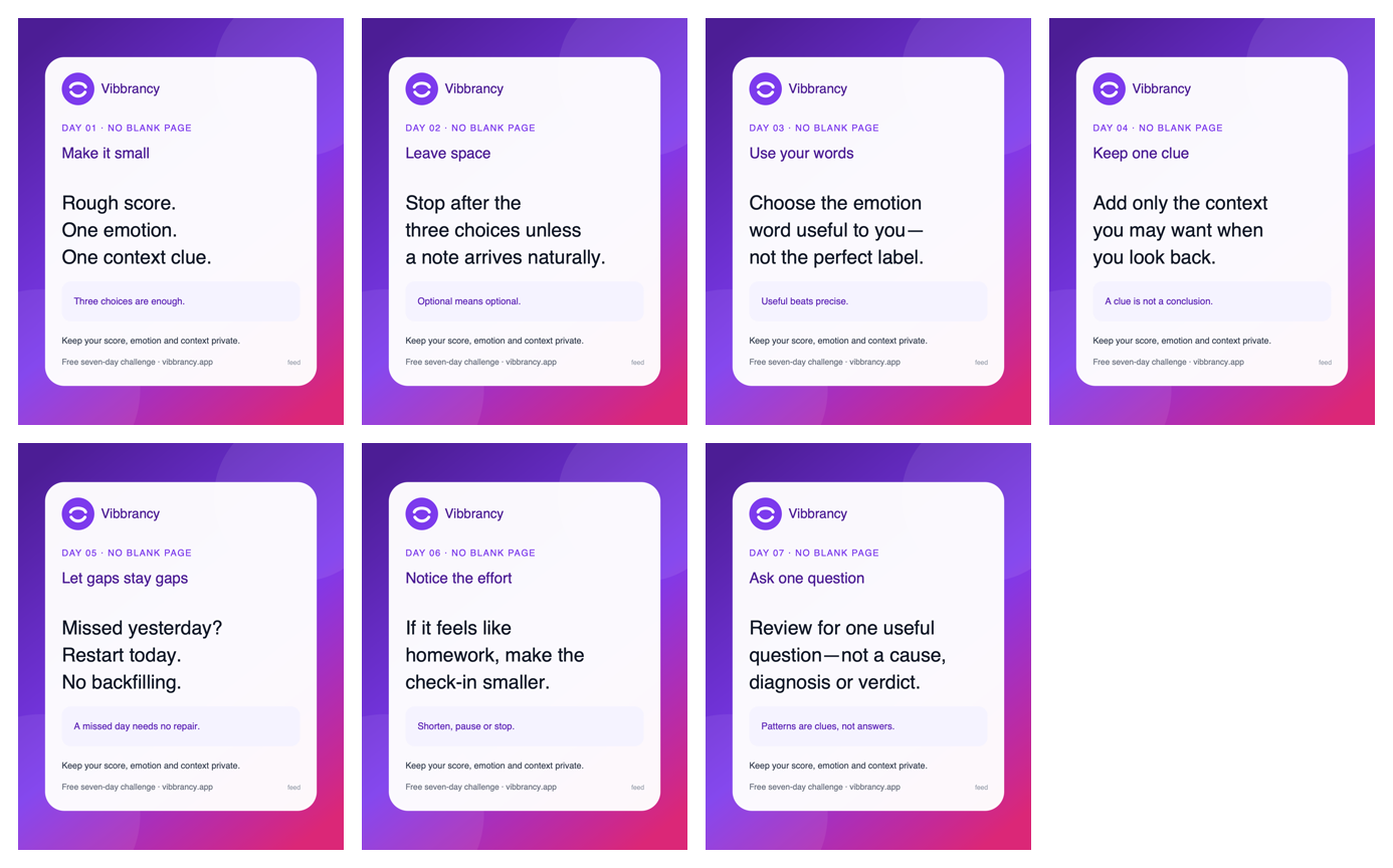 Contact sheet showing seven purple No Blank Page challenge cards, one for each day, with no completed personal answers.